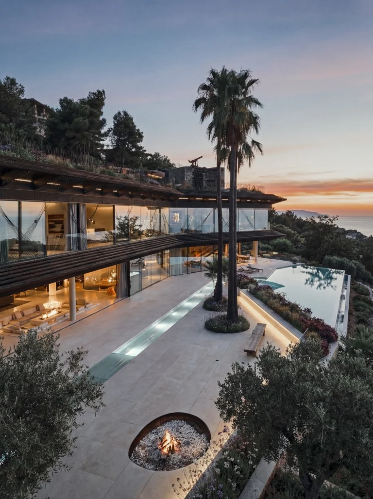 Aerial drone view of a hotel and surrounding landscape