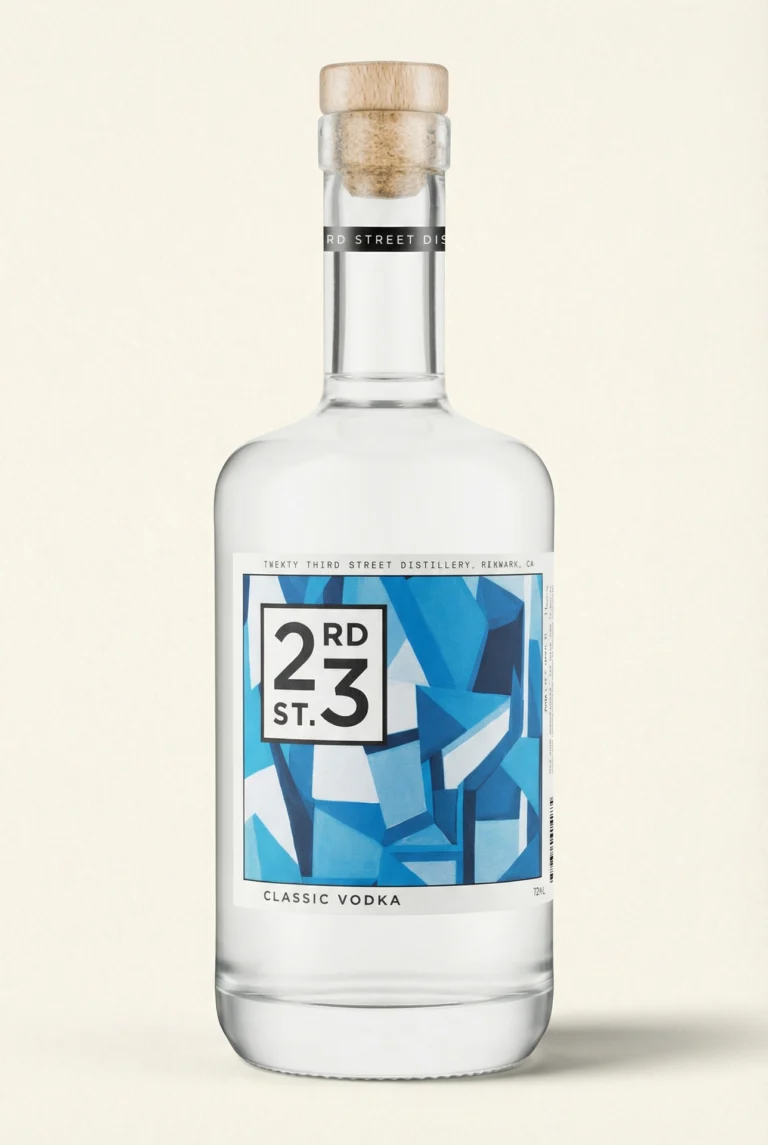 Product photography of a 23rd Street Distillery bottle on a white background