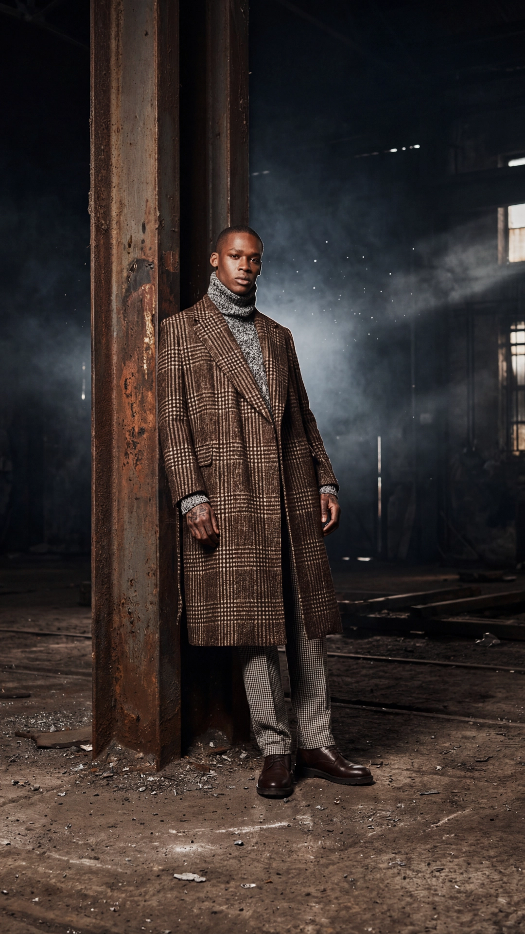 Fashion campaign photoshoot inside an abandoned industrial foundry with models styled in modern streetwear