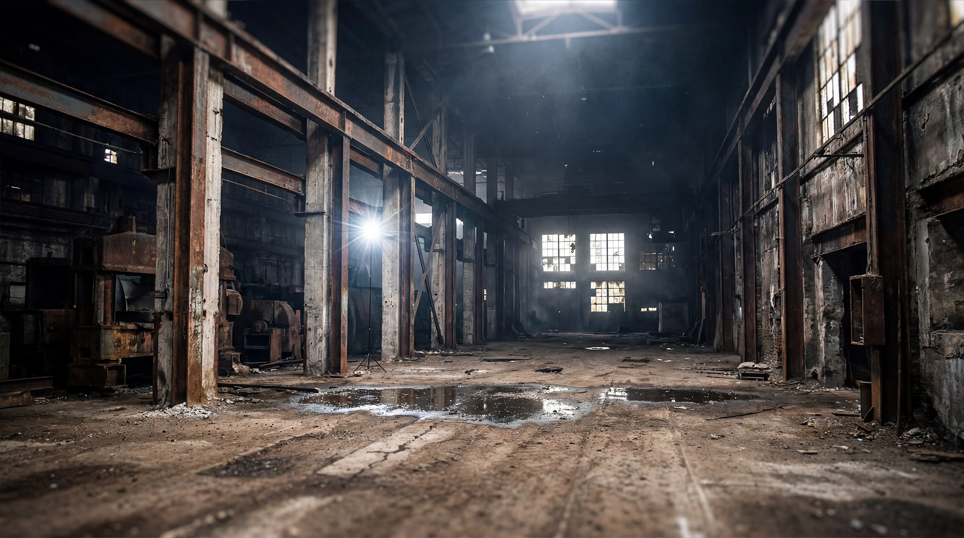 Fashion campaign photoshoot inside an abandoned industrial foundry with models styled in modern streetwear