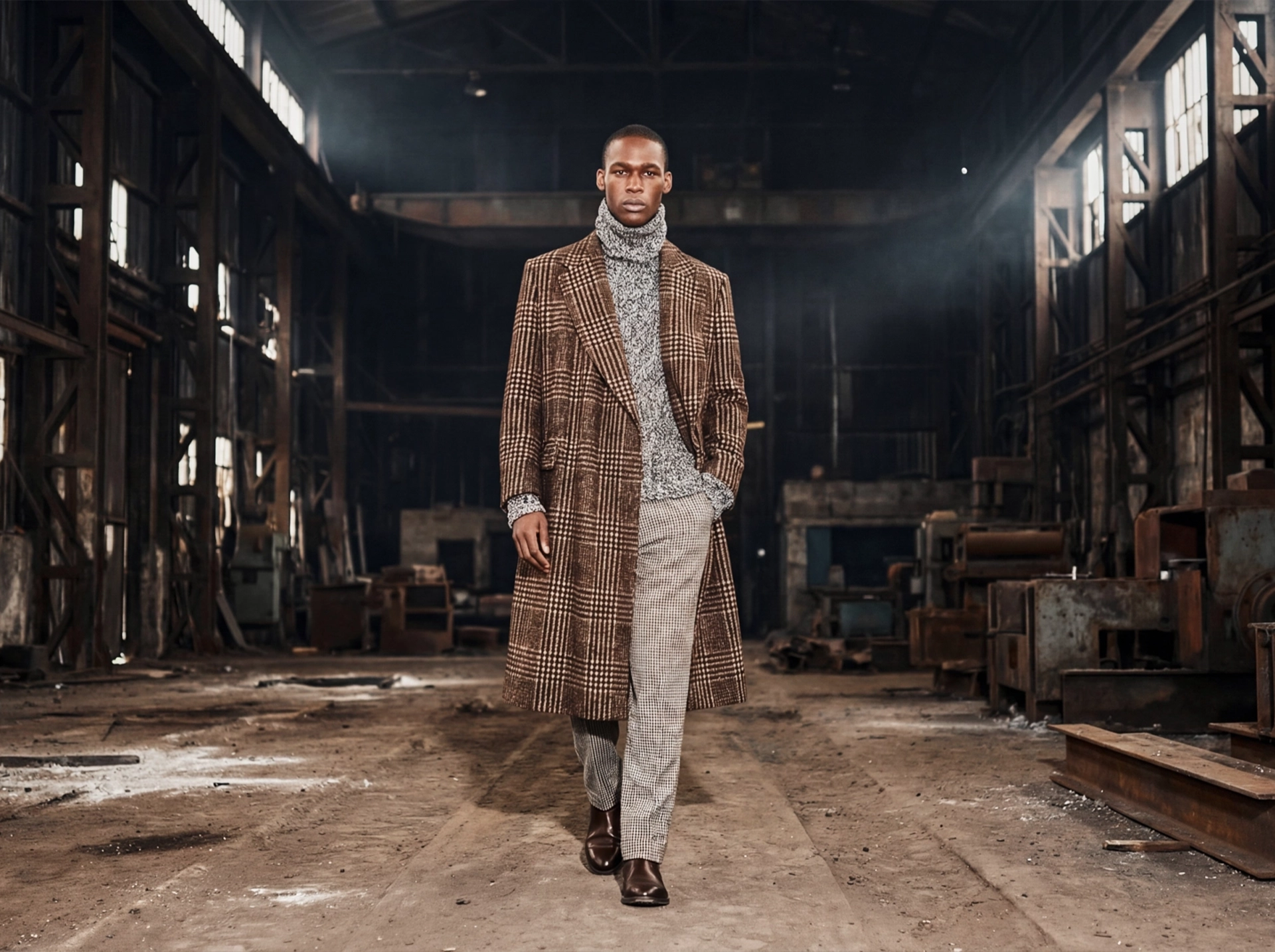 Fashion campaign photoshoot inside an abandoned industrial foundry with models styled in modern streetwear