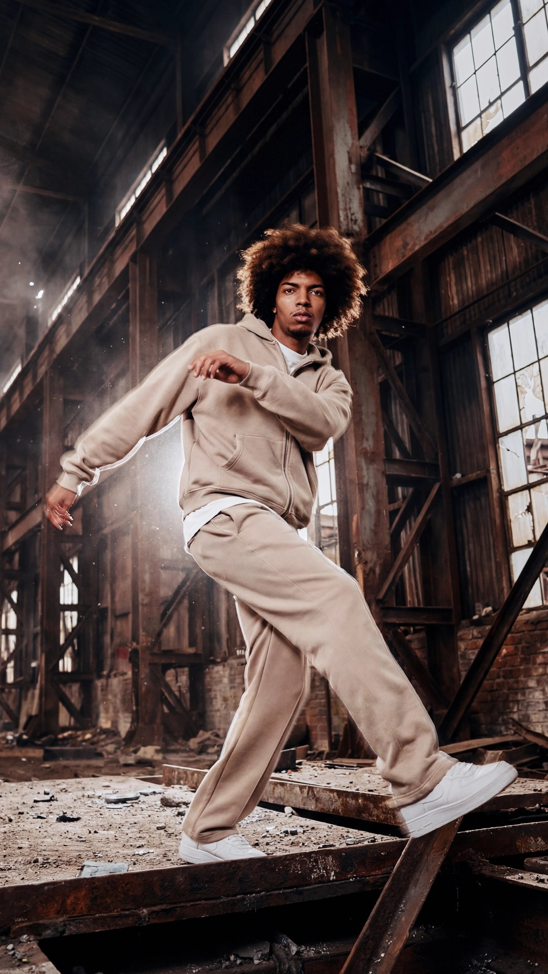 Model wearing high fashion styled in a lost industrial space