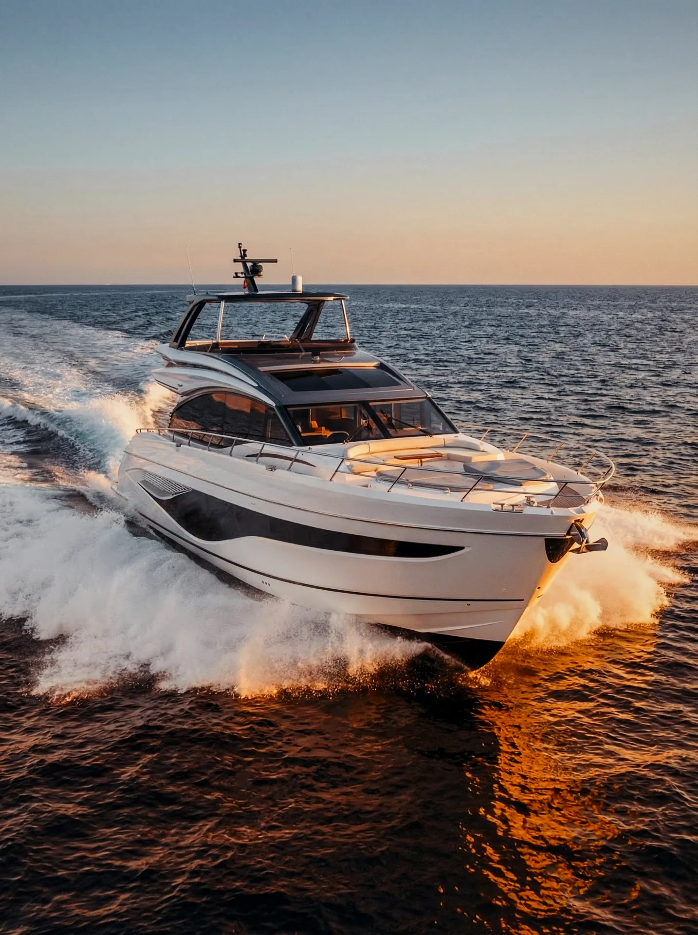 Professional yacht photography Mallorca capturing a motor yacht in motion on the Mediterranean Sea
