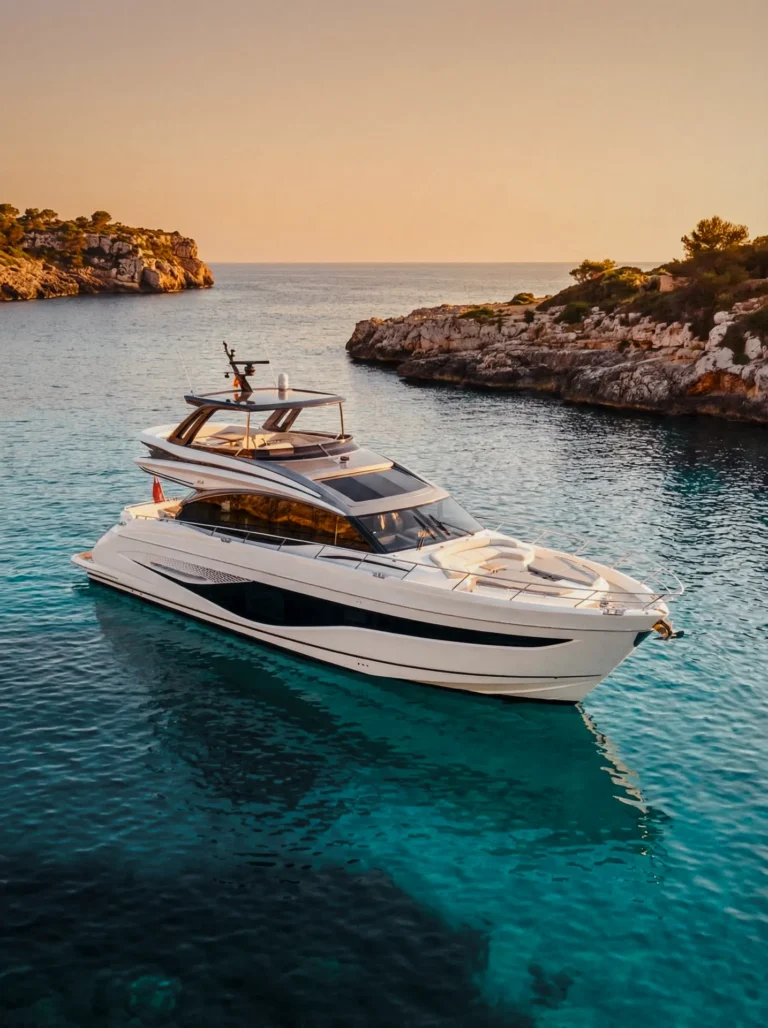 Yacht photography Mallorca with clean hull reflection in calm harbor conditions