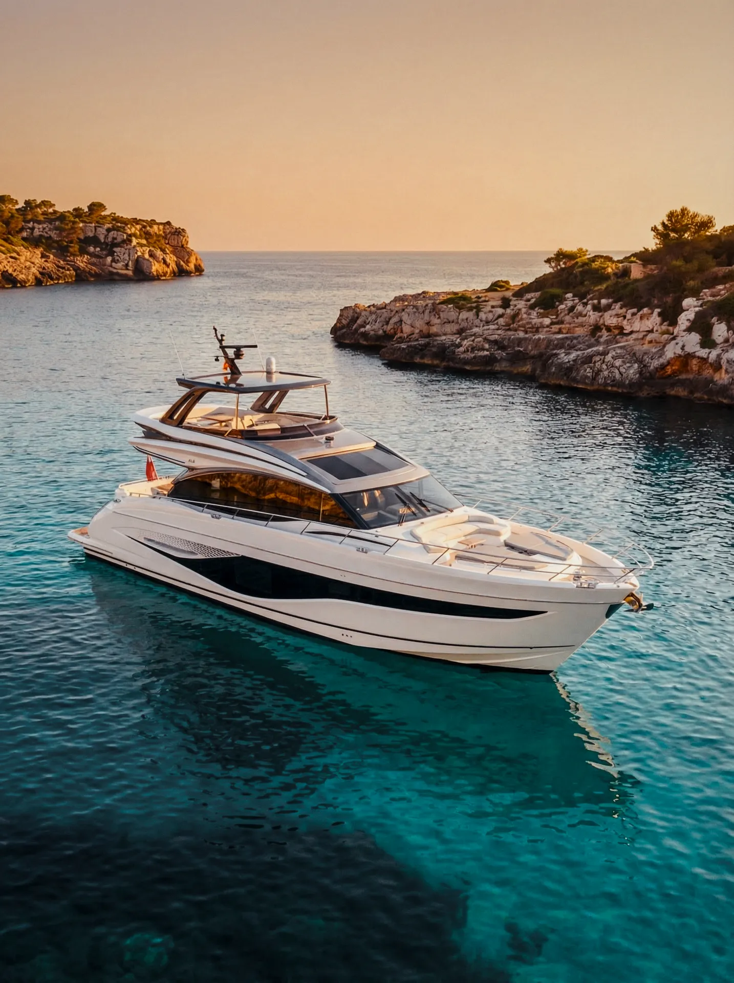 Yacht photography Mallorca with clean hull reflection in calm harbor conditions